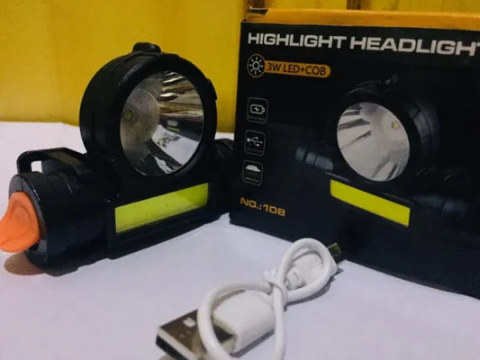 2 In 1 Headlight Torch Lamp – 3w Led+cob With Built-in Battery, Waterproof & USB Charge